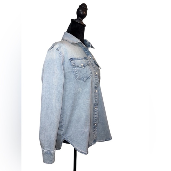NWT True Religion Light Bliss Wash Logo Georgia Long Sleeve Denim Shirt Sz Small - Picture 7 of 12